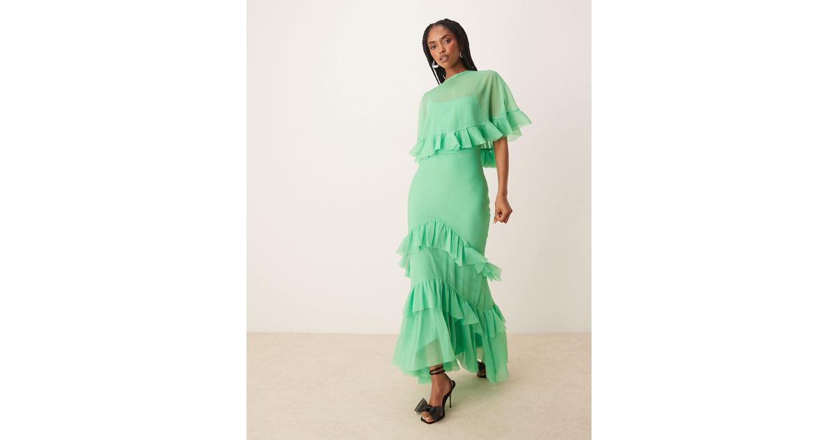 ASOS Cape Overlay Ruffle Bias Maxi Dress in Green | Lyst