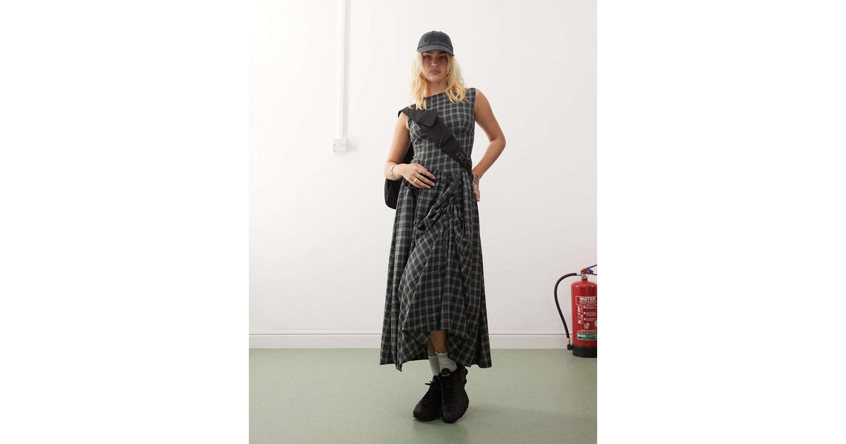 Vestido Midi Gris A Cuadros Con Falda Abullonada De Popelina De