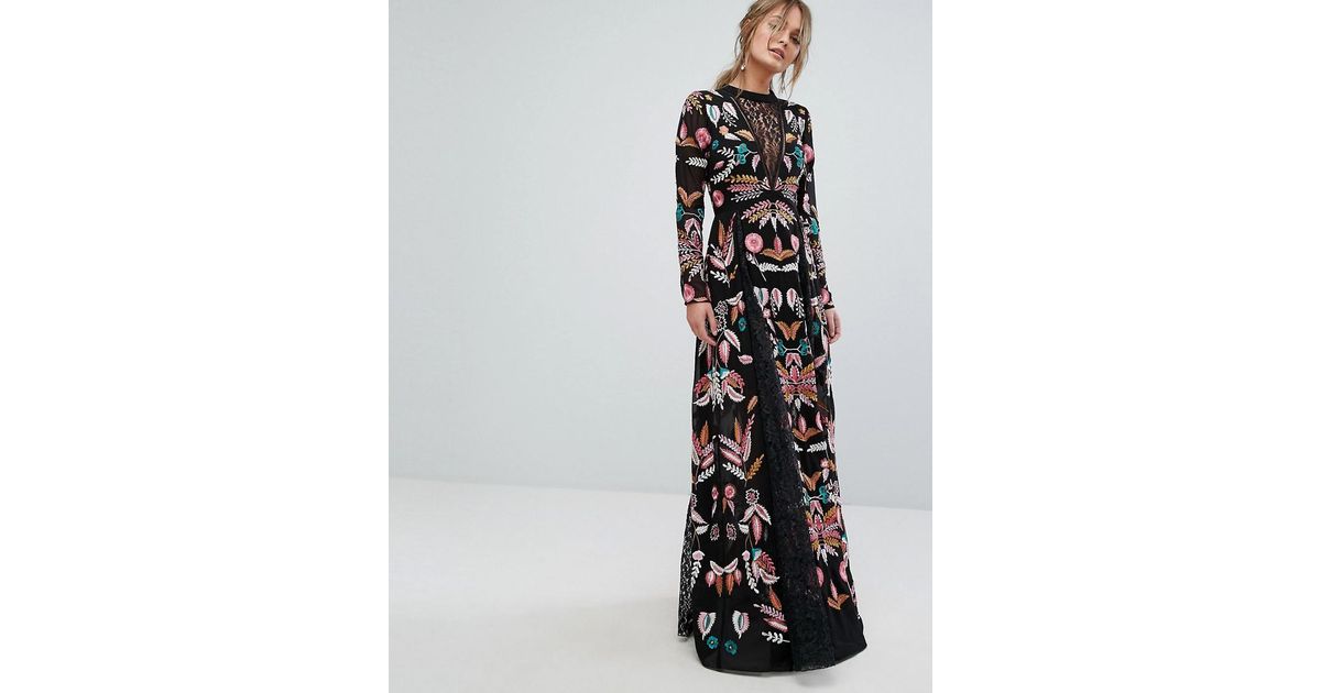 Frock and Frill Embroidered Maxi Dress With Lace Inserts in Black | Lyst