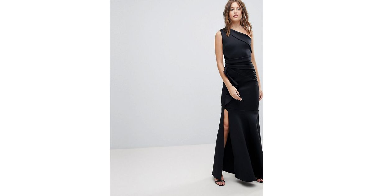Lipsy One Shoulder Maxi Dress With Ruffle Detail in Black | Lyst UK
