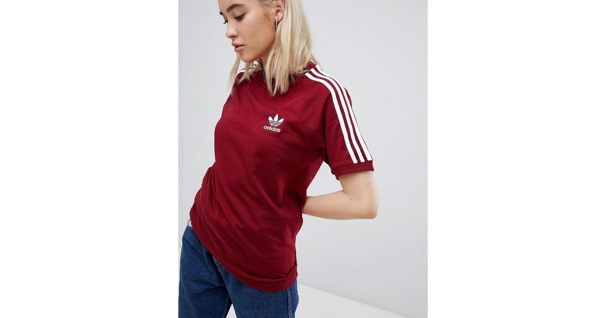 adidas originals 3 stripe t shirt burgundy