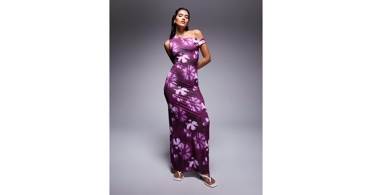 missy empire purple dress Missy Empire double-sculpted slinky asymmetric off-shoulder maxi dress in  blurred purple flower print