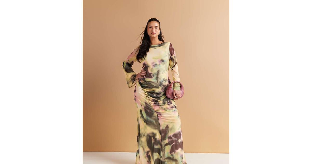 ASOS Asos Design Curve Long Sleeve Mesh Maxi Dress With Double Tie Back ...