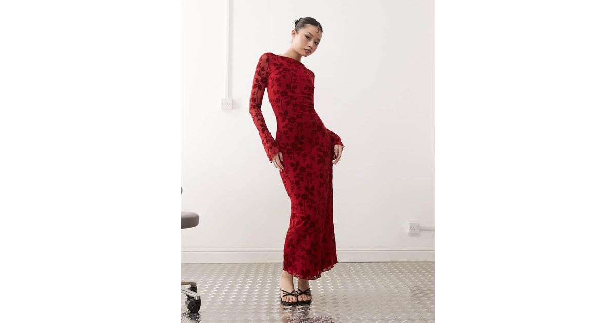 slokya long sleeve maxi dress in vine floral flock cherry Slokya Long Sleeve Maxi Dress in Vine Floral Flock Cherry