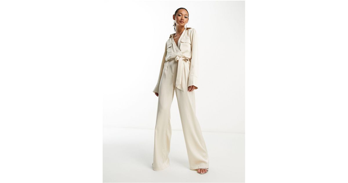 Pretty Lavish Satin Tie Waist Utility Jumpsuit in Natural Lyst