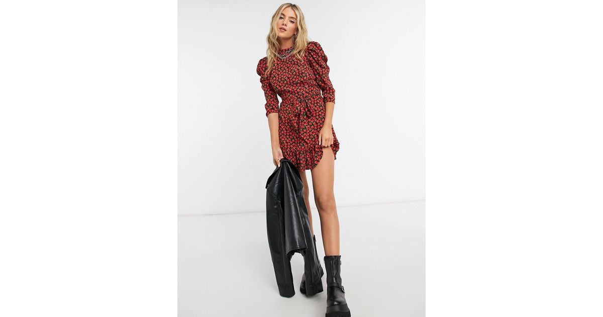 TOPSHOP Rose Print Mini Dress in Red Lyst