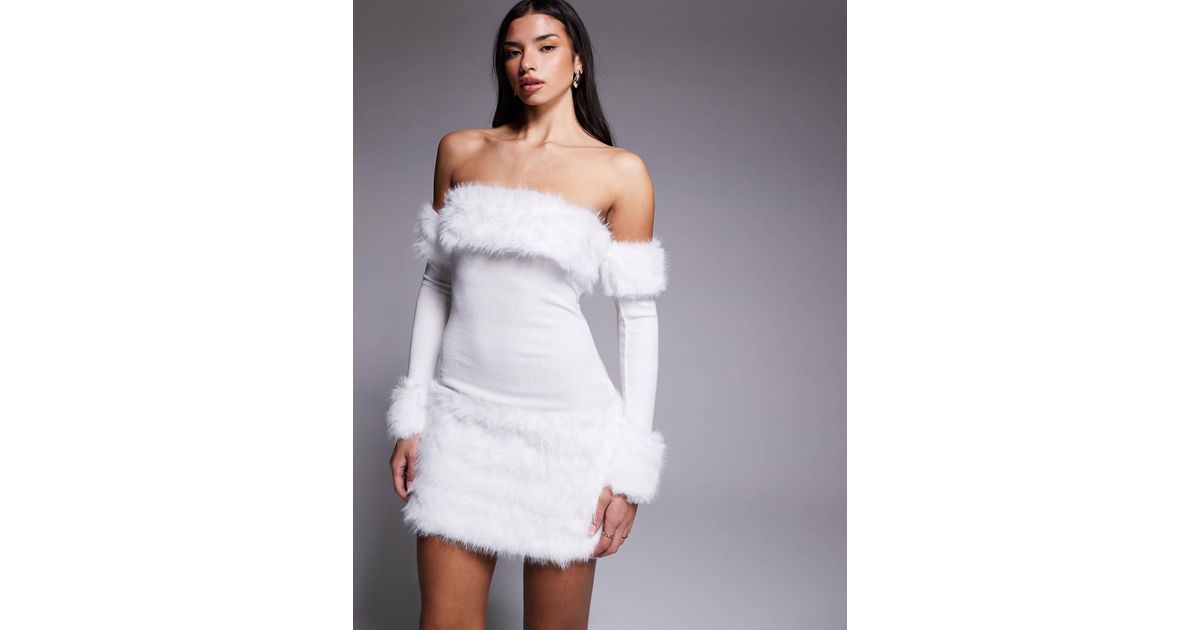 ASOS Bardot Knit Mini Dress With Faux-fur Trim in White | Lyst