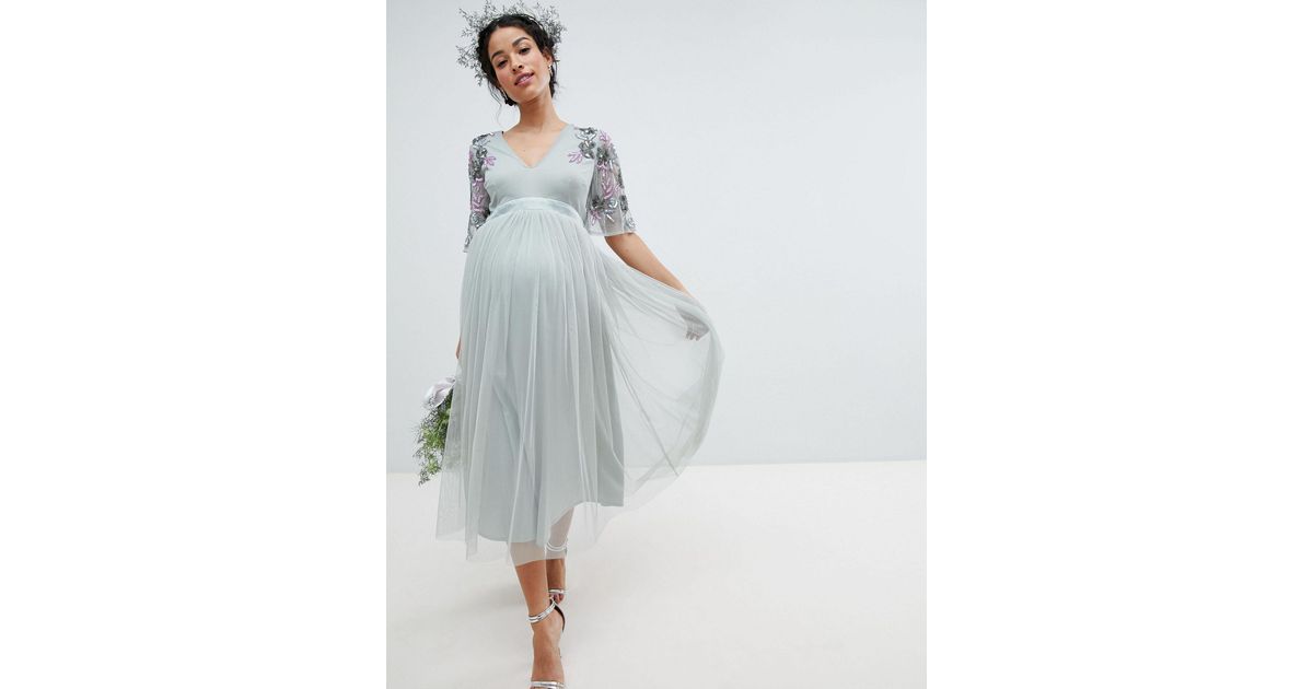 maya embellished tulle sleeve maxi tulle dress in green