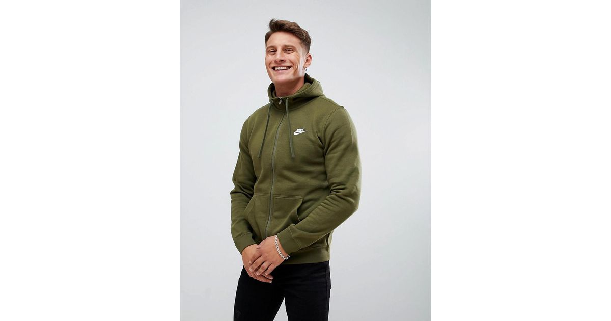 nike club swoosh zip through hoodie in green nike club swoosh zip through hoodie in green