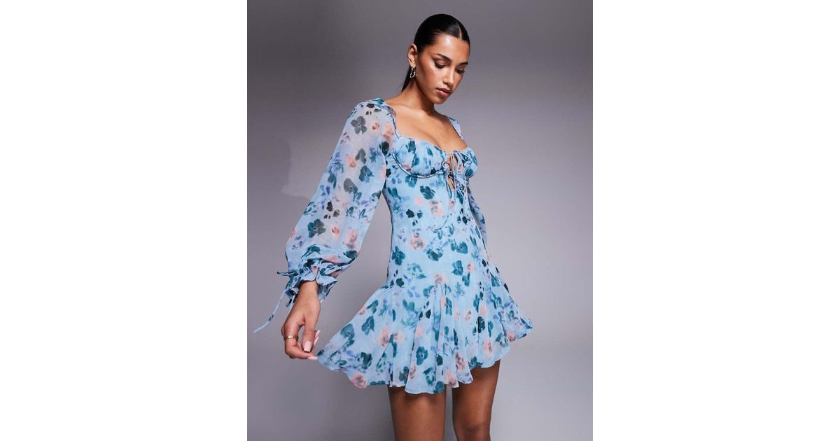 princess polly baby blue dress Sisters Of The Tribe Mini Milkmaid Dress With Shirred Waist And Open Waist  In Blue Ditsy Floral for Women