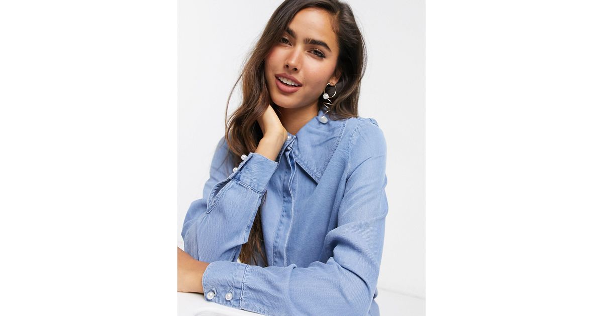 Vero Moda Denim Shirt With Oversized Collar And Pearl Buttons in Blue | Lyst