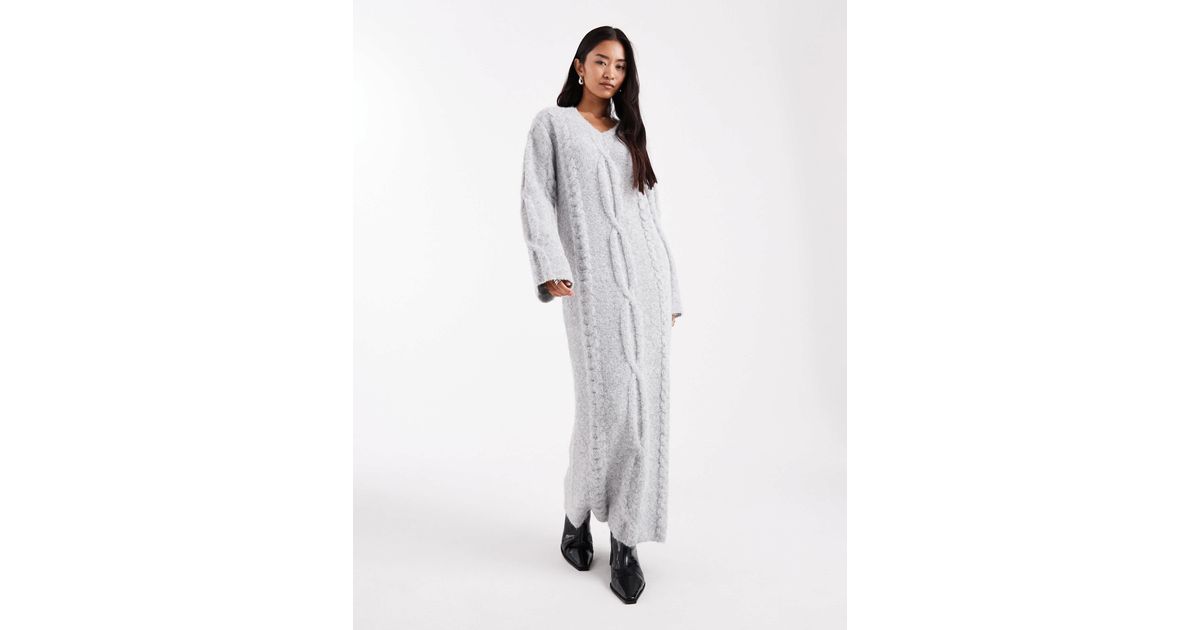 4th & Reckless Wool Feel Cable Knit V-neck Maxi Sweater Dress in White