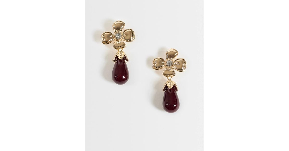 Reclaimed Vintage Flower Stud Earrings With Burgundy Drop-red in ...