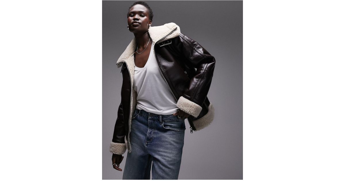 Faux Leather Shearling Zip Front Oversized Aviator Jacket With Double Collar Detail in