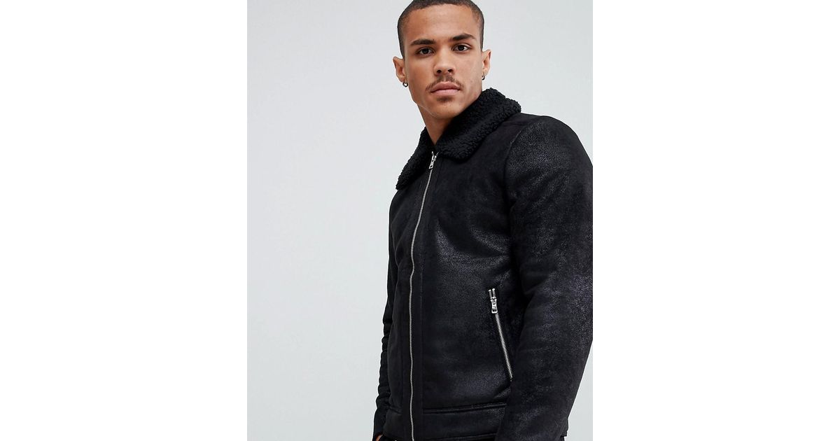 Jack Jones Black Originals Faux Leather Flight Jacket With Full Teddy Lining For Men