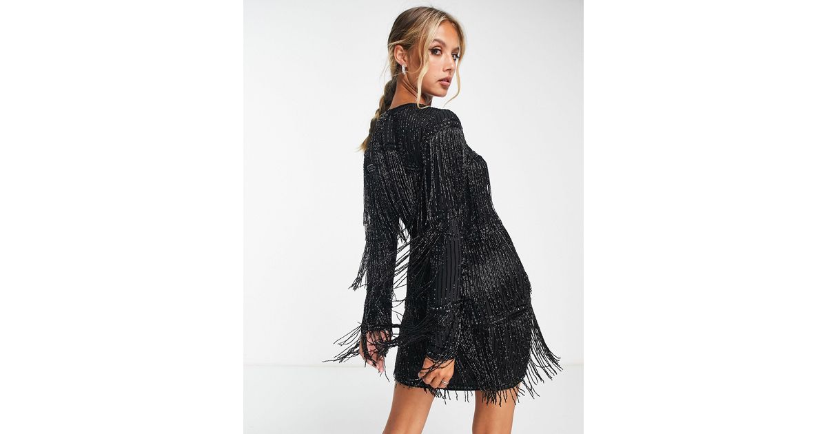 ASOS Embellished Shift Mini Dress With Beaded Fringe in Black | Lyst