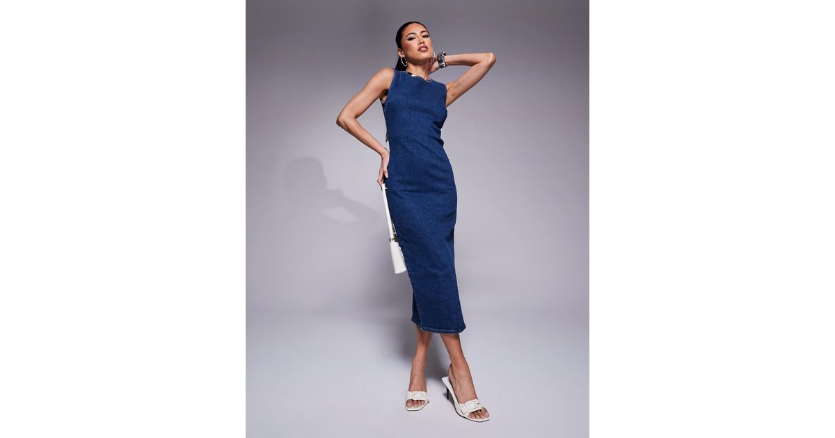 knee length dresses for ladies L.NY Slit Half Button Collared Neck Cap Sleeve Denim Dress Medium / M main image 1
