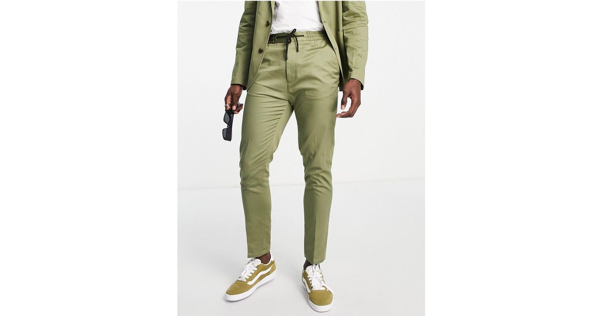 ASOS Tapered Suit Trousers With jogger Waist And Turn Up in Green for