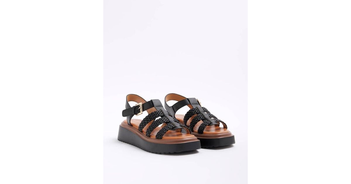 River Island Faux Leather Flatform Sandals in Black Lyst UK