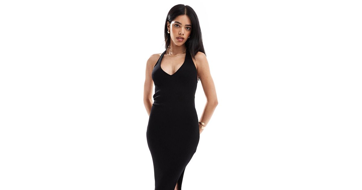 bershka black midi dress Bershka Night Out Midi Dress Womens Small Black Button Front Strappy Ribbed  Knit