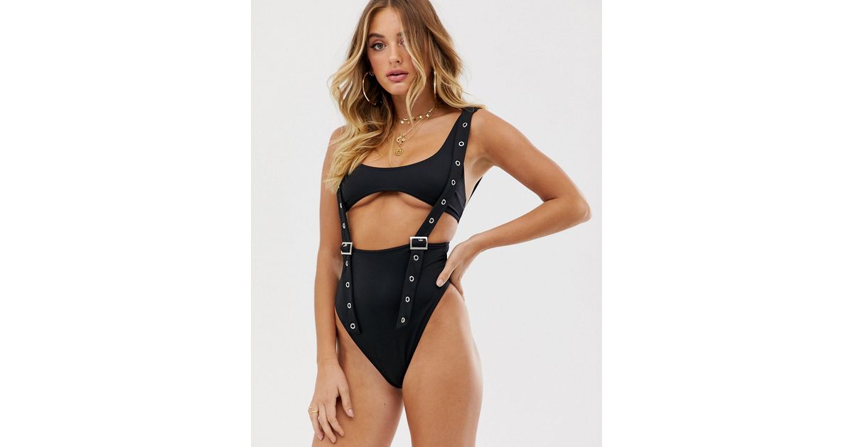ASOS Recycled Underboob Buckle Strap Detail Cut Out Swimsuit in Black | Lyst