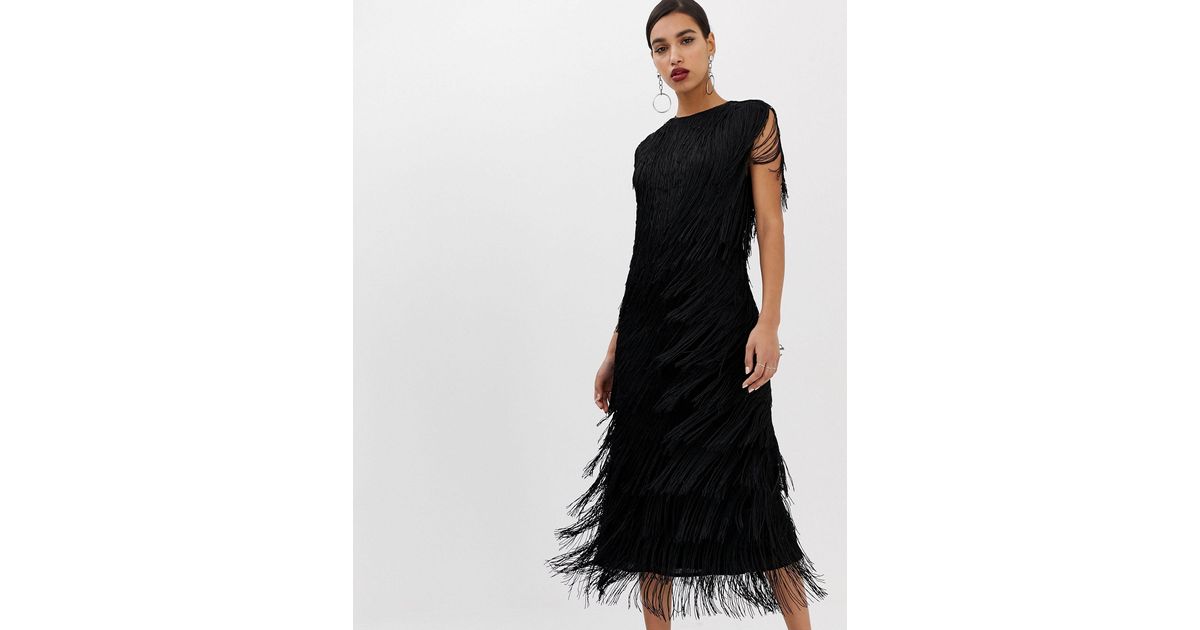 ASOS Synthetic Fringe Column Midi Dress in Black | Lyst