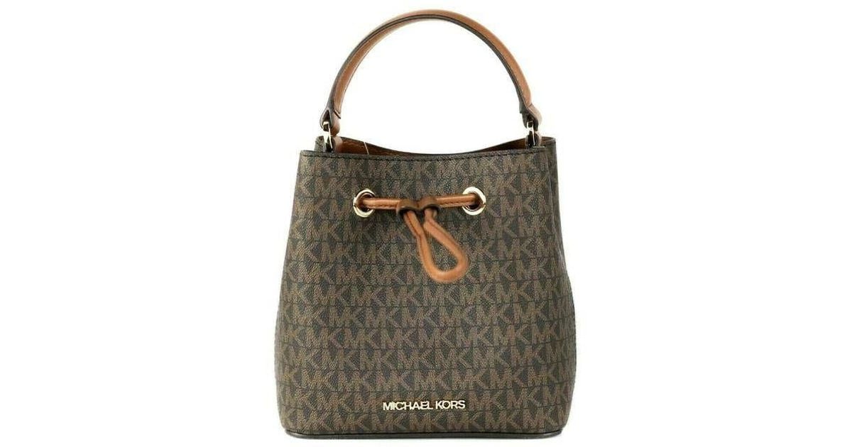 Michael Kors Suri Small Leather Bucket Crossbody Drawstring Hobo Handbag ( Signature) in Brown