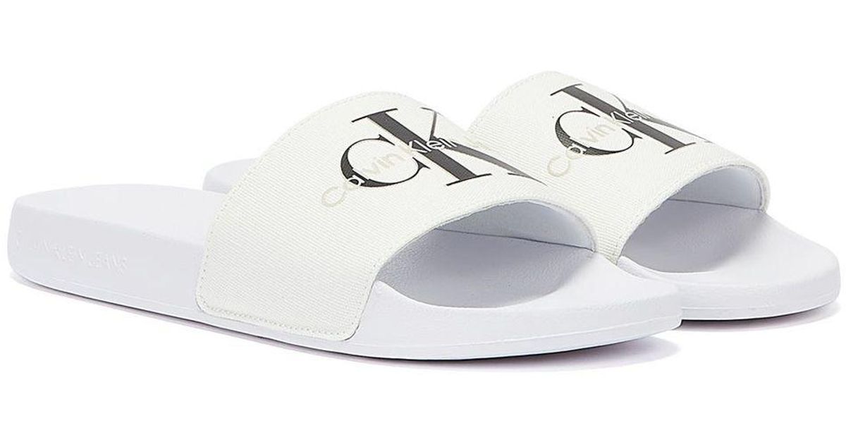 Calvin Klein Denim Slide Monogram Co Sandals in White | Lyst