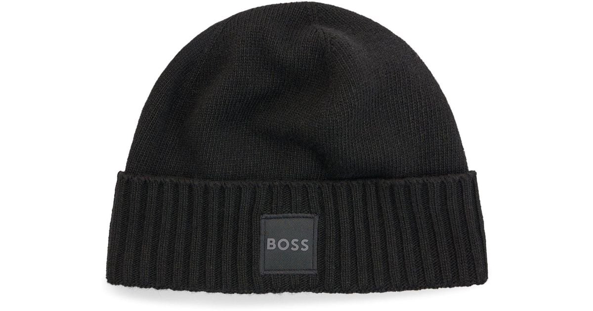 BOSS by HUGO BOSS Cashmere Knitted Beanie Hat With Woven Logo Badge in