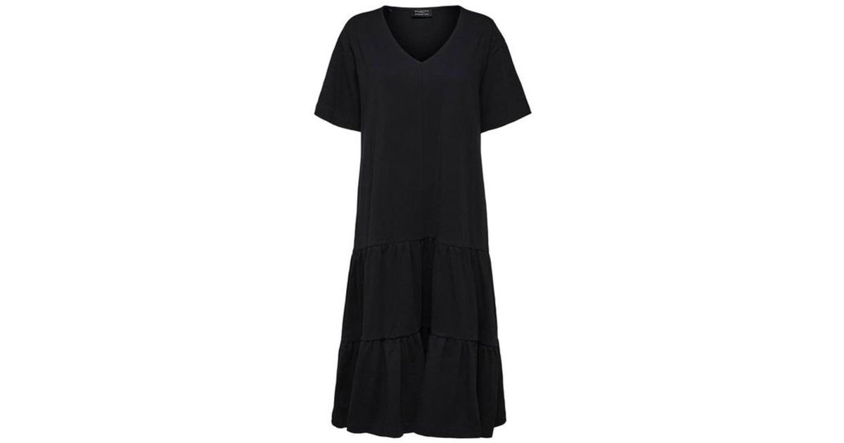 SELECTED Cotton Reed Midi Dress in Black | Lyst