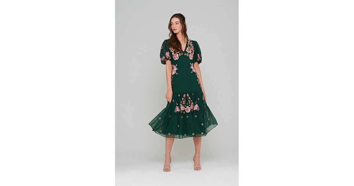 Frock and Frill Comfrey Floral Embroidered Drop Waist Midi Dress in Green |  Lyst