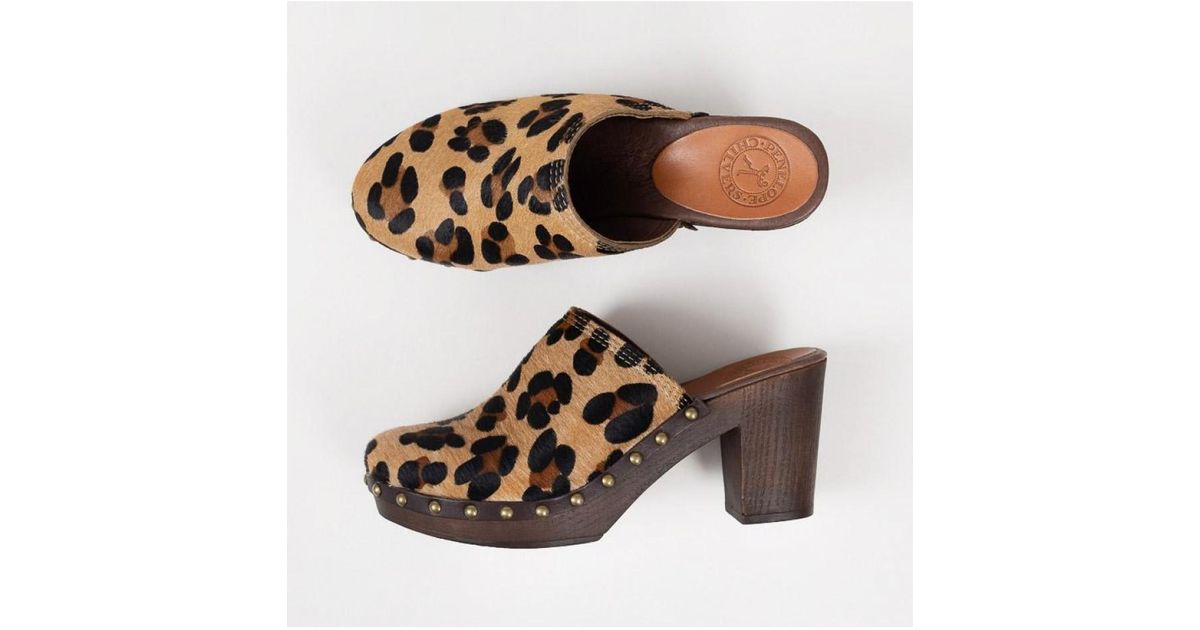 Penelope Chilvers Leather Leopard Print Pony Mid Heel Clogs in Animal ...