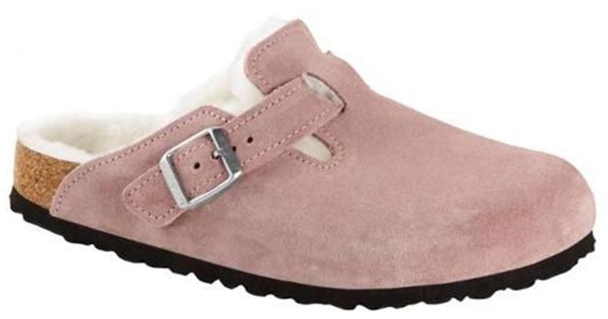 Birkenstock Boston Shearling Suede Leather Light Rose Sandals in Pink