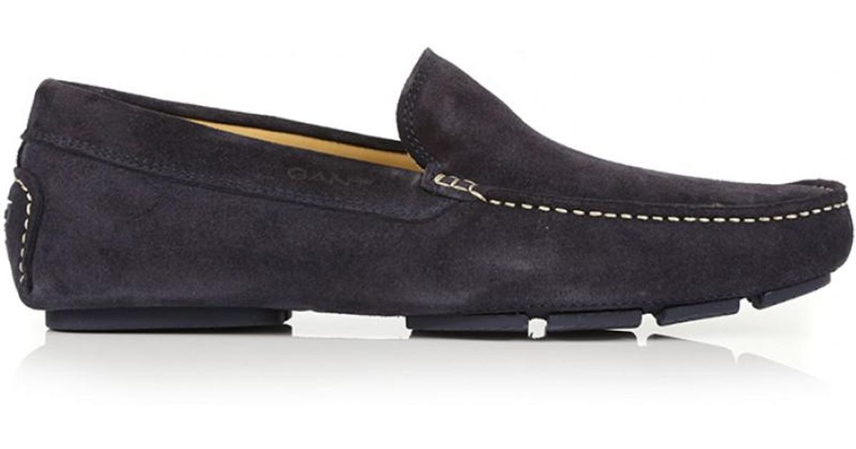 blue suede driving mocs