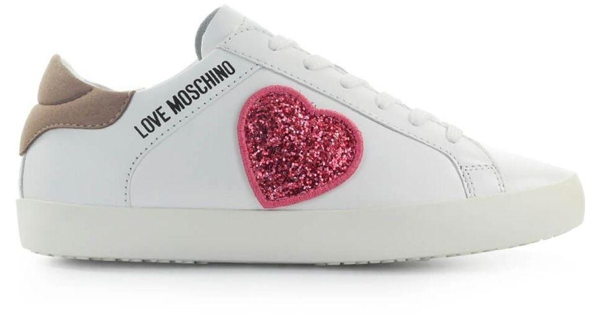 Love Moschino Leather Sneaker With Glitter Heart in White - Lyst