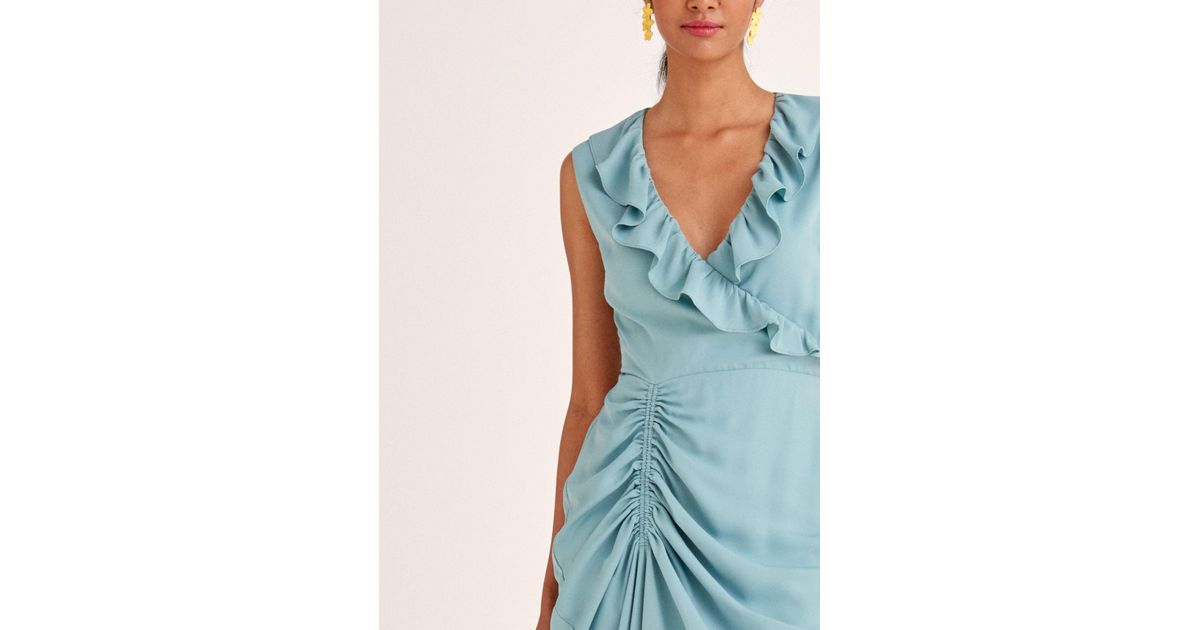 Paisie Synthetic Ruched Dress With Frills in Blue | Lyst
