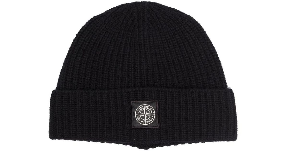 Stone Island Cotton Logo Patch Beanie in Black for Men - Save 4% | Lyst