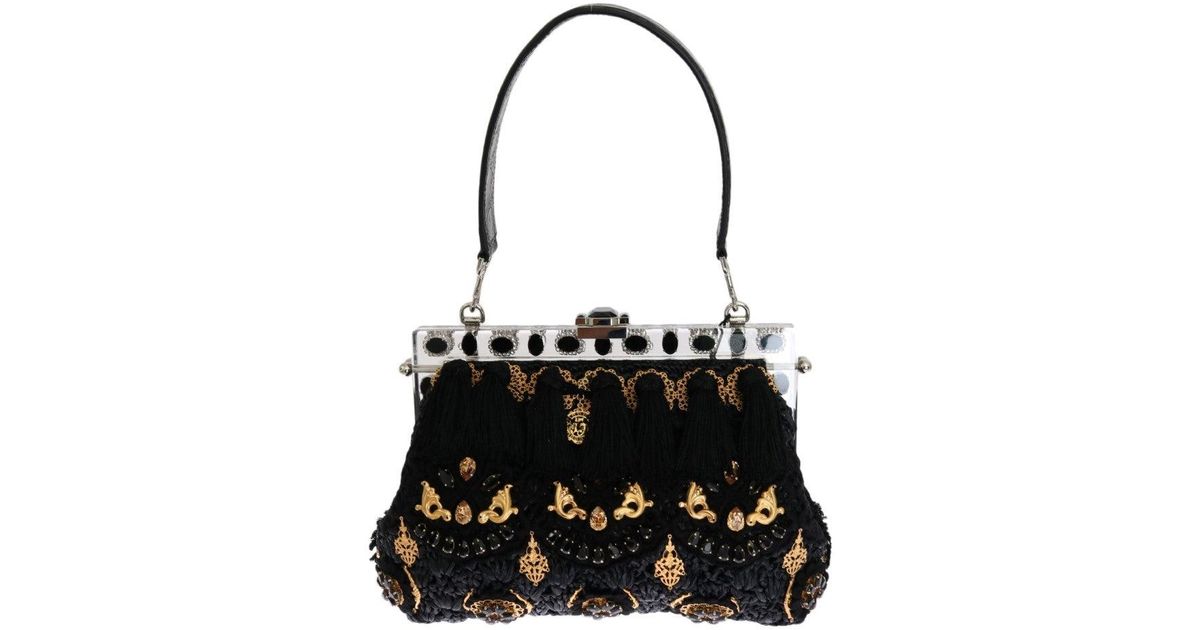 Dolce & Gabbana Cotton Tassel Gold Baroque Crystal Vanda Bag One Size