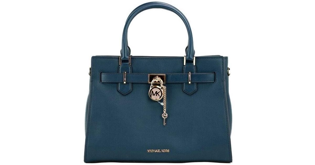 Michael Kors Hamilton Medium Navy Grained Leather Satchel Crossbody Handbag  in Blue | Lyst
