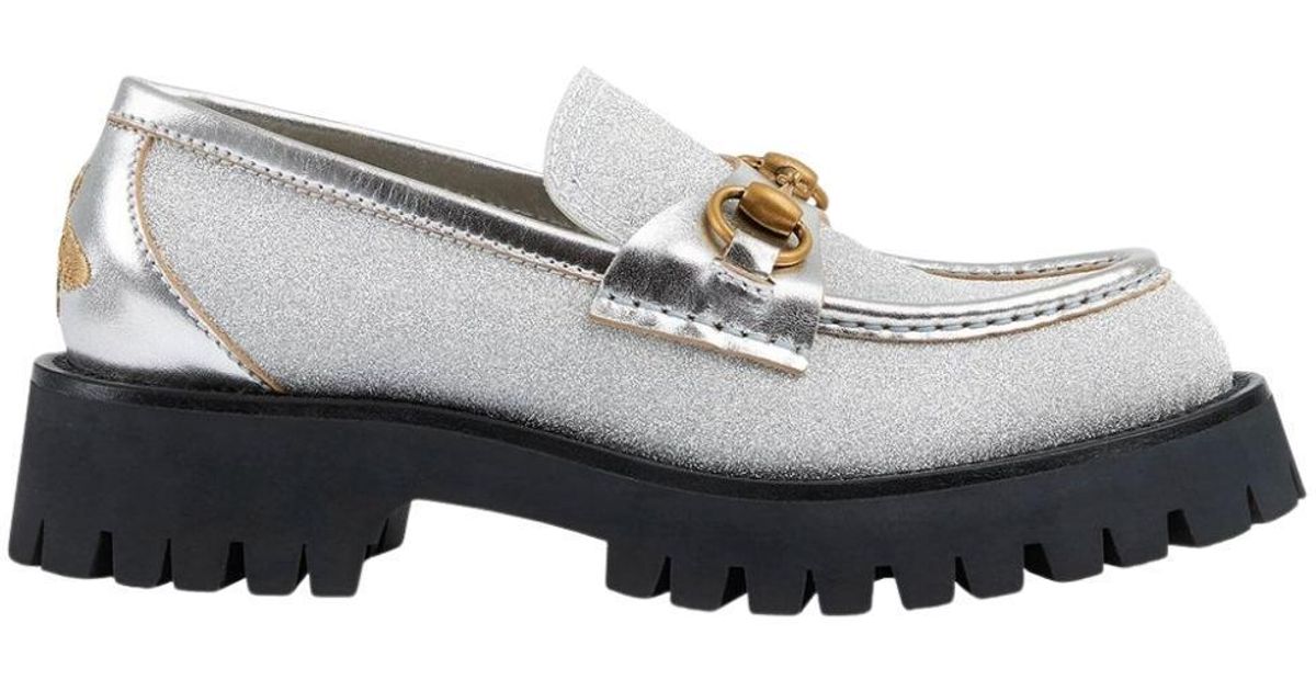 Gucci Leather Horsebit Lug Sole Glitter Loafers in Silver (Metallic) Lyst