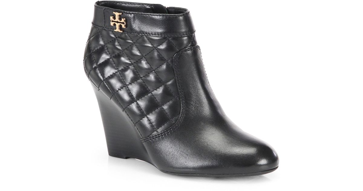 Tory Burch Leila Quilted Leather Wedge Ankle Boots in Black | Lyst