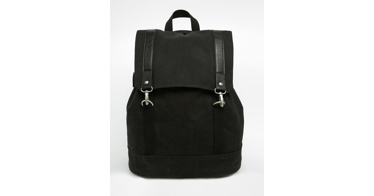 Asos Backpack In Black Canvas With Faux Leather Straps in Black for Men | Lyst