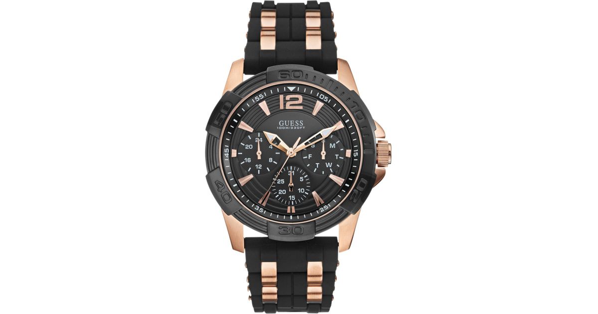 Guess Men S Black Silicone And Rose Gold Tone Bracelet Watch 43mm