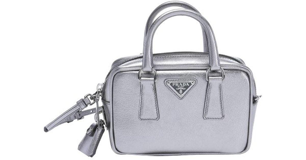 Prada Silver Saffiano Leather Mini Convertible Top Handle Bag in ...