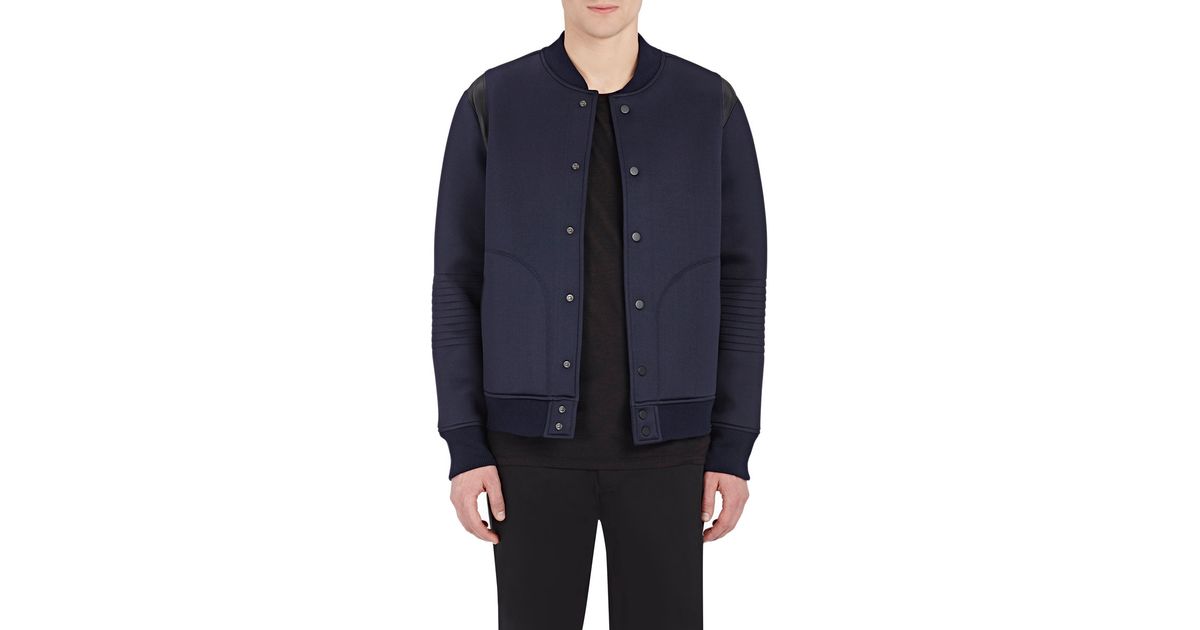 Barneys New York Blue Men S Leather Inset Bonded Jersey Er Jacket For