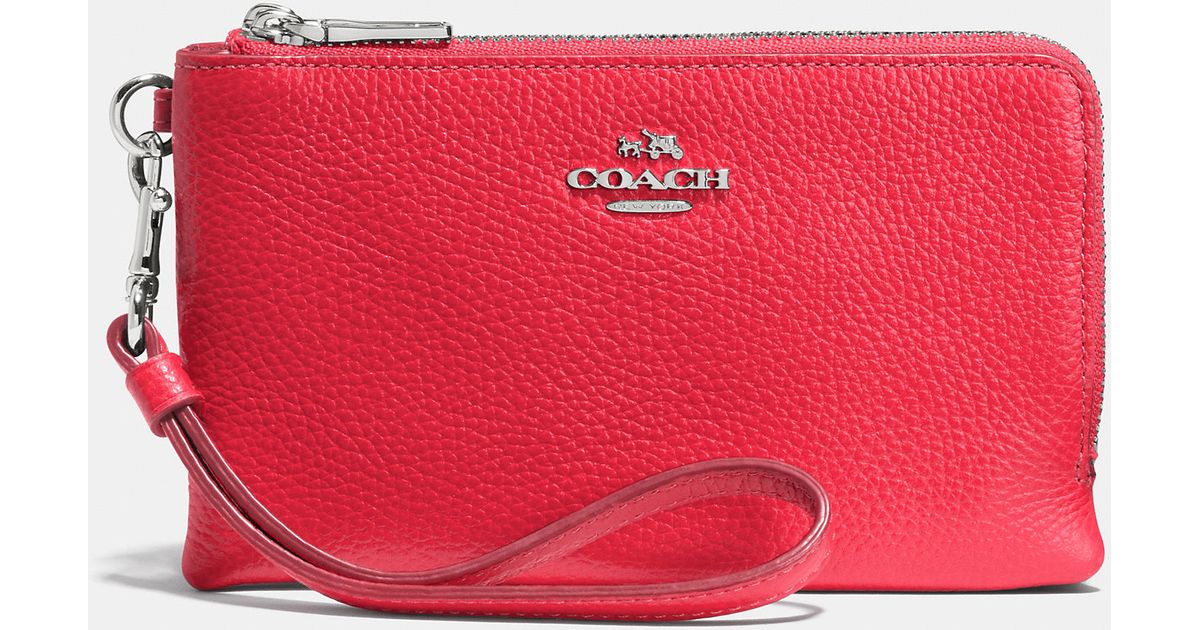 Coach Pink Double Corner Zip Wristlet In Pebble Leather