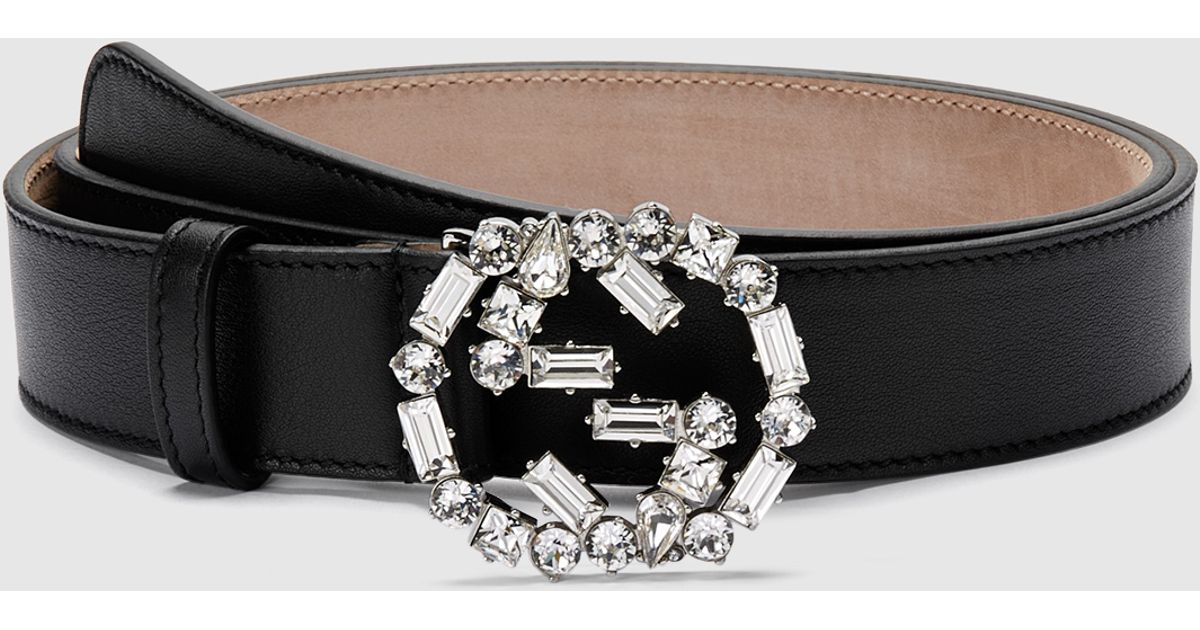 Gucci Black Leather Belt With Crystal Interlocking G Buckle | Lyst