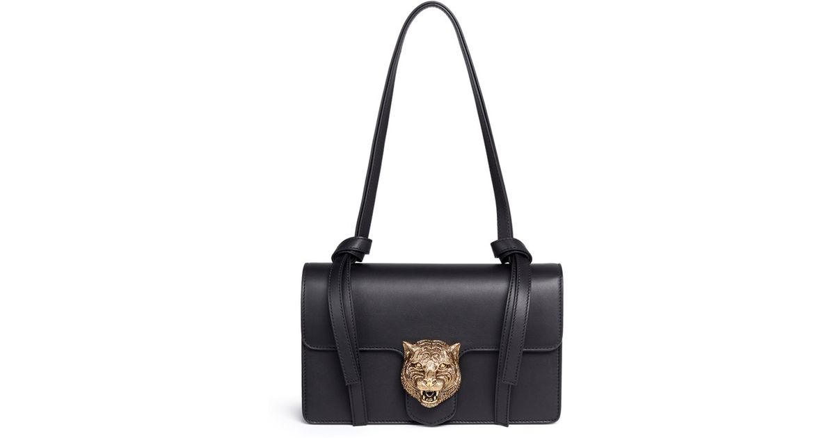 Gucci 'animalier' Tiger Clasp Moon Leather Flap Bag in Black | Lyst