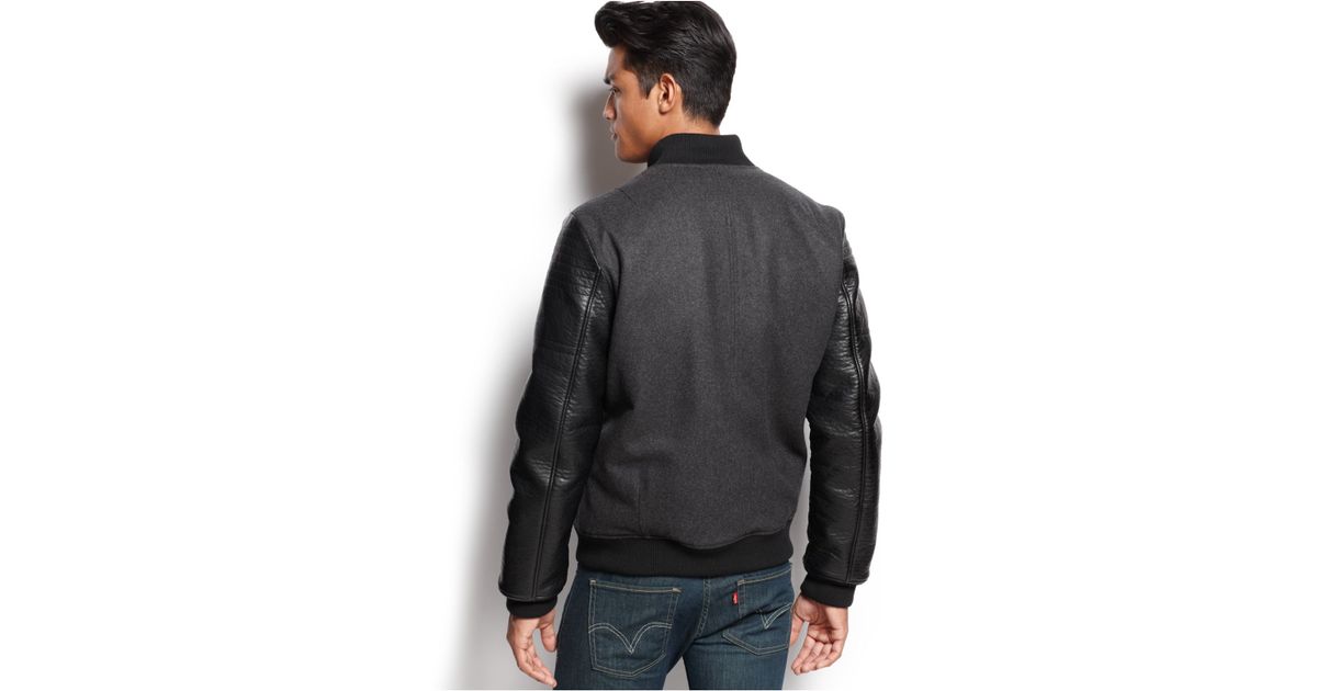 Sean John Mixed Media Faux Leather Sleeve Baseball Jacket In Gray Sean John Mixed Media Faux Leather Sleeve Baseball Jacket In Gray For Men Lyst
