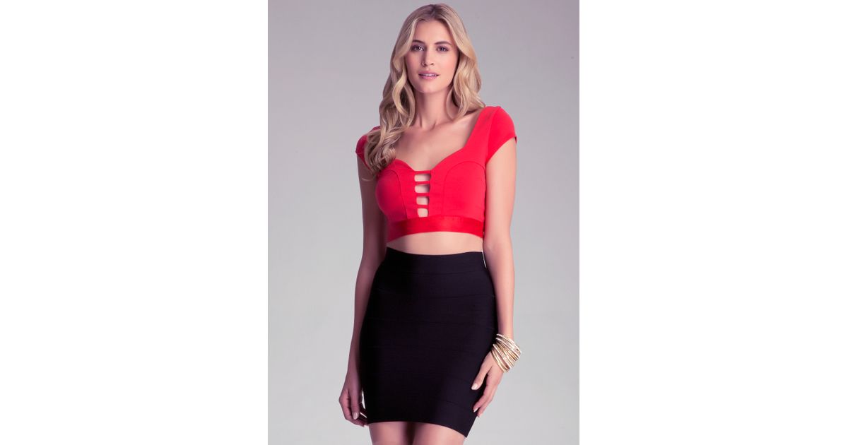 Lyst Bebe Cap Sleeve Cage Crop Top in Red